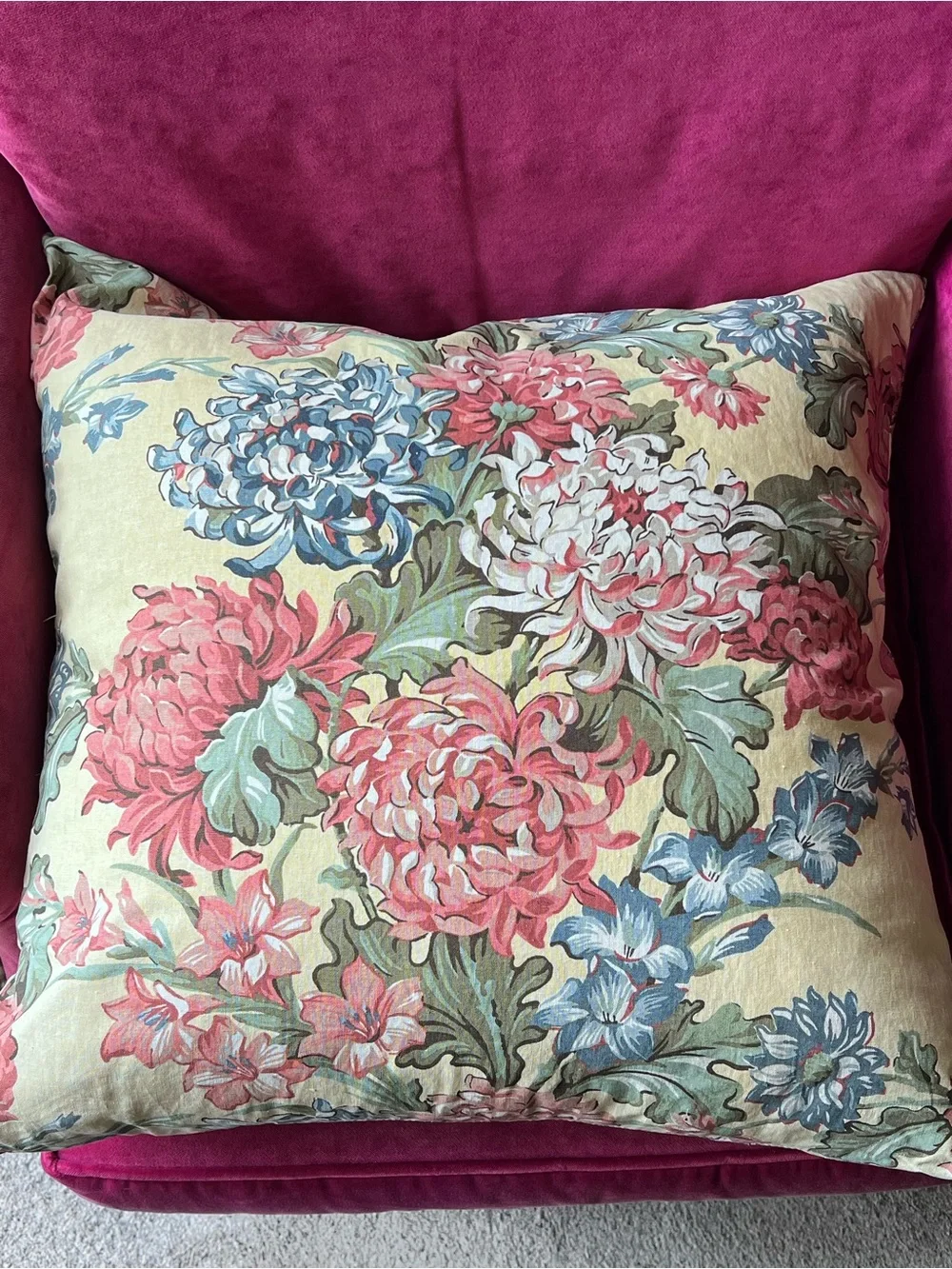 Pottery Barn Floral Euro Pillow Cover LINEN COTTON 24” x 24” blue pink yellow